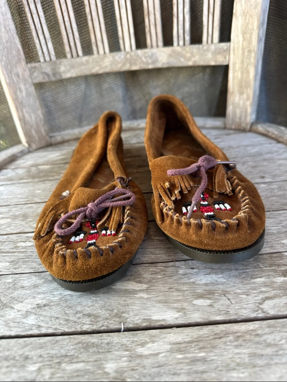 Minnetonka Brown Suede Beaded Moccasins with Fringe 9 1/2 - Picture 3 of 10